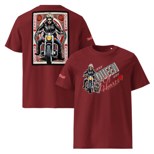 Queen of Hearts burgundy t-shirt. biker style