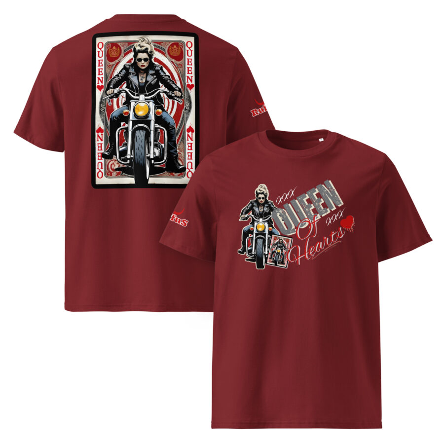 Queen of Hearts burgundy t-shirt. biker style