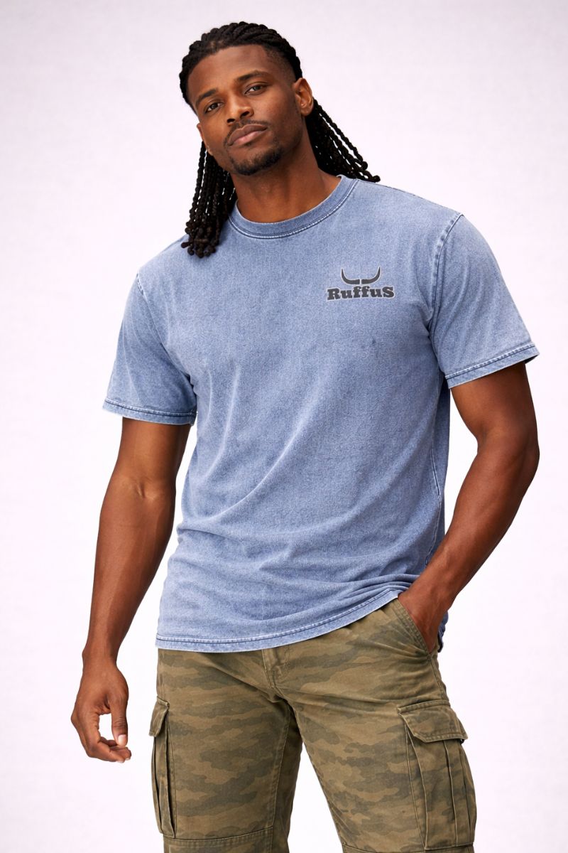 Ruffus Denim Effect Tee, with embroyded brand on left chest