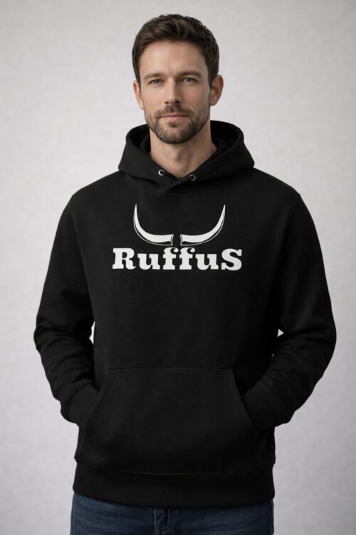 A man wearing a Ruffus Branded Hoodie. Solid chenter chest print.