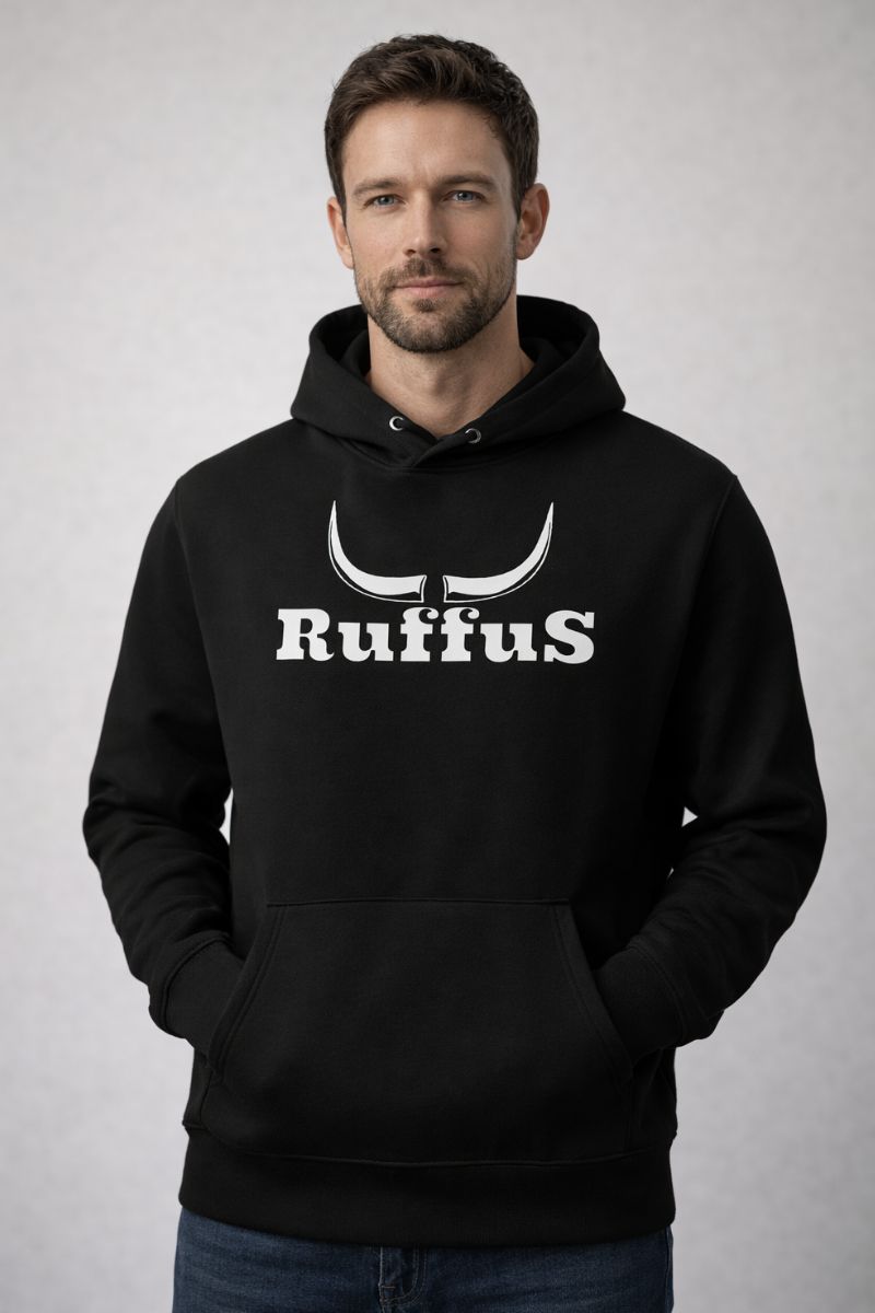 A man wearing a Ruffus Branded Hoodie. Solid chenter chest print.