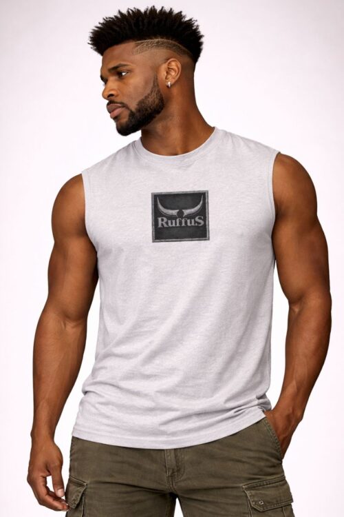 Ruffus slate sleeveless t-shirt with centre chest slate effect print