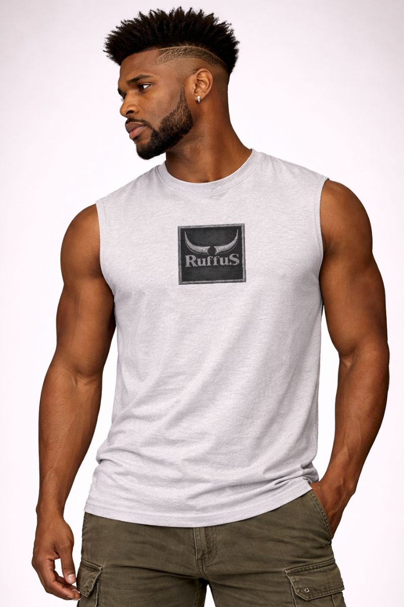 Ruffus slate sleeveless t-shirt with centre chest slate effect print