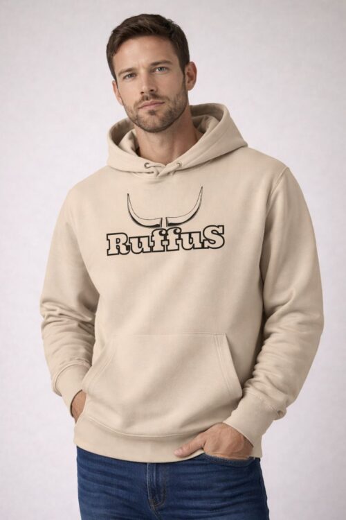 Man wearing beige Ruffus Hoodie. With black printed logo bran don the centre chest